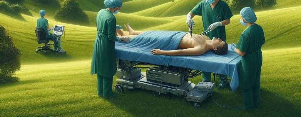 A Cartoon of a Surgical Team Performing Surgery Out on the Side of a Mountain