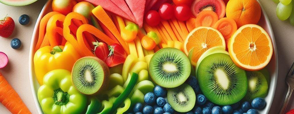 A plate of colorful fruits and vegetables is heart healthy