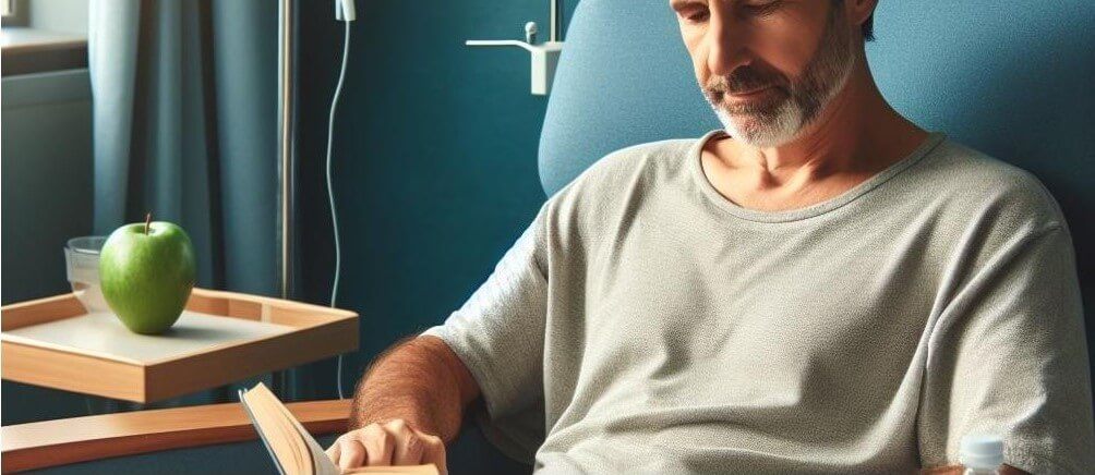 A Patient With An IV Sitting In A Chair Reading A Book.