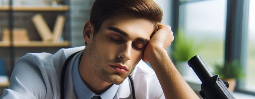 a patient resting his head on his hand , elbow on his desk.