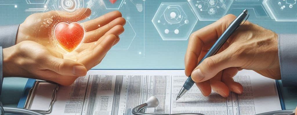 a cartoon of a patient holding his heart in his hands. While someone is writing something.
