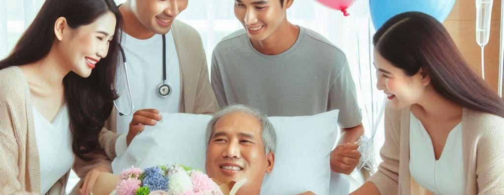 nurses and other hospital workers pictured with a post heart surgery patient being discharged from hospital.