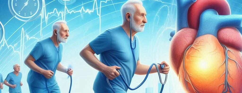 an older man out for a jog with a picture of his heart.