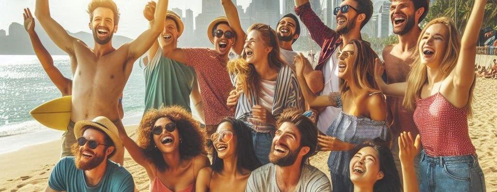 a crowd of people cheering on a beach.