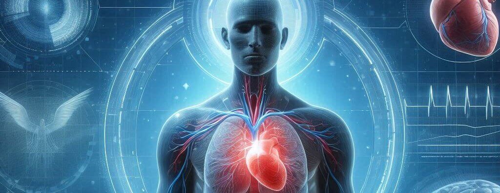 a cartoon of a man showing his heart and circulatory system.
