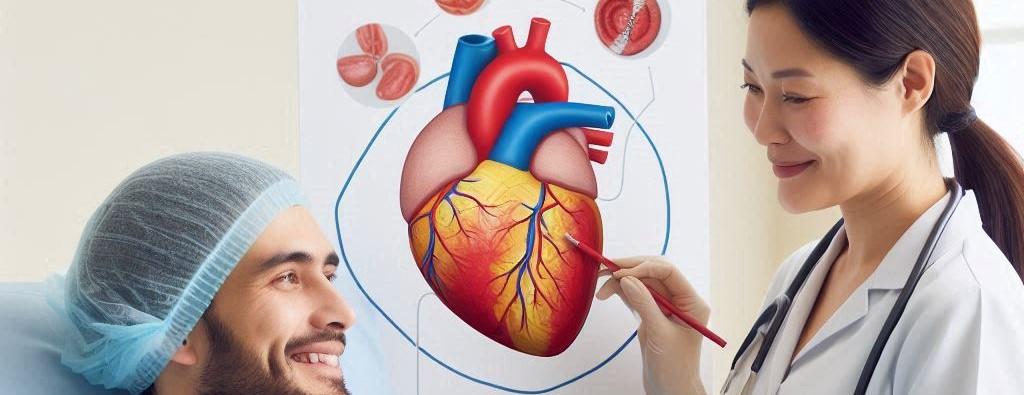 a nurse is showing a patient, who is prepped for surgery a diagram of a human heart.