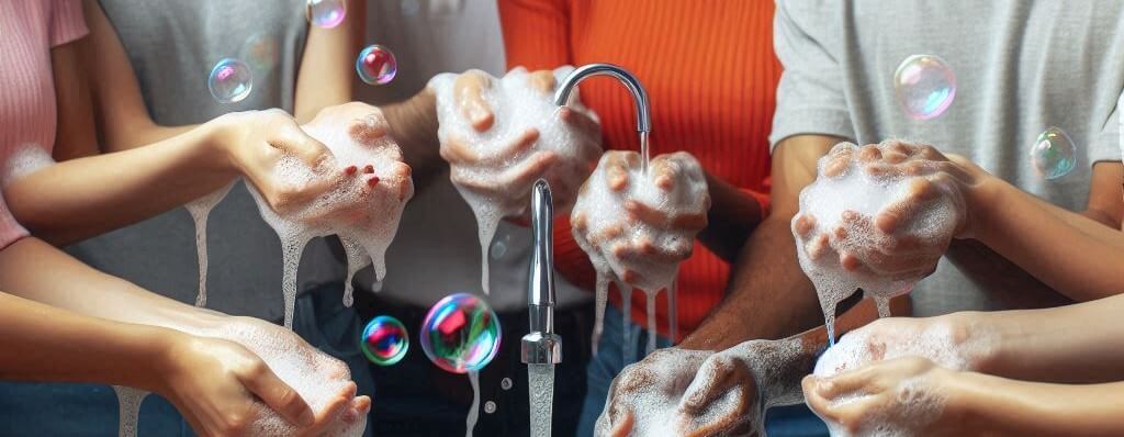 a group of people washing their hands at laboratory sinks.