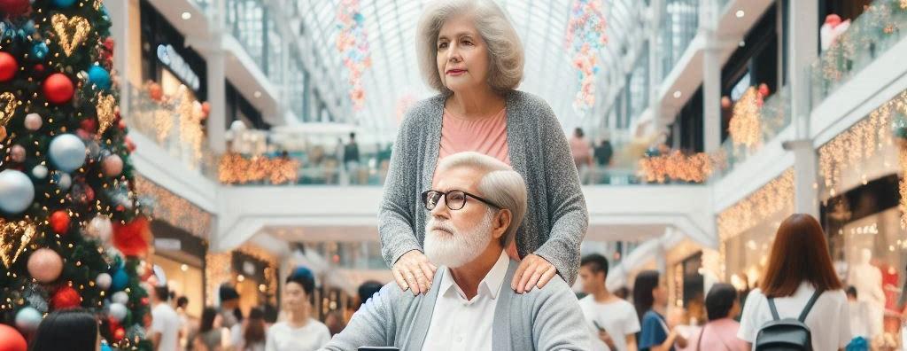 woman pushing her husband in a wheelchair through the mall.