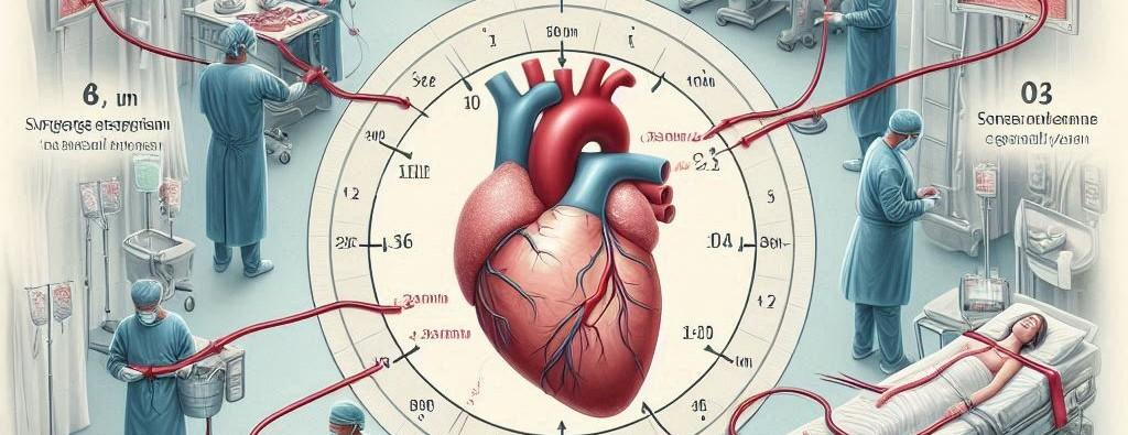 A clock with a heart face is showing the times and a surgical team member performing the stages of pre-op for the day of Cabg surgery timeline