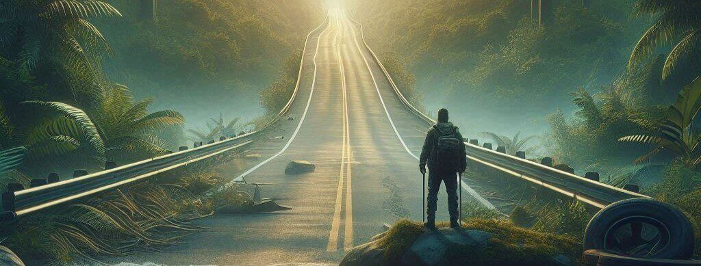 A cartoon of a man walking down a highway.