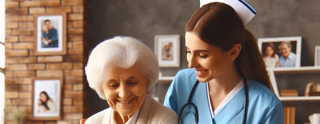 a female post heart surgery patient being assisted by a home nurse.