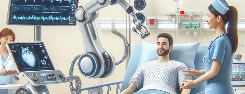 a post heart surgery patient in his hospital room with a nurse.